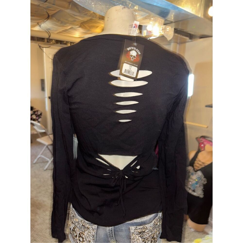 Live To Ride Liberty Wear Slashed Foil and Rhinestone Top - Picture 4 of 5